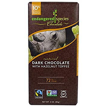 Endangered Species Dark Chocolate Bar Hazelnut Toffee Rhino ( 12x3 OZ)