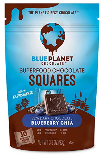 Blue Planet Chocolate Blueberry Chia Superfood Chocolate Squares with Probiotics (Pack of 6)