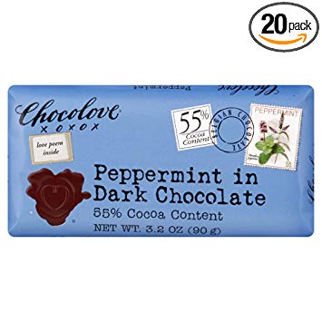 Chocolove 55 Percent Cocoa Peppermint Dark Chocolate Bar, 3.2 Ounce -- 12 per case.