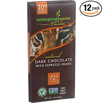 Endangered Species Chocolate Tiger Bar; Dark Chocolate with Expresso Beans, 3 Ounce -...