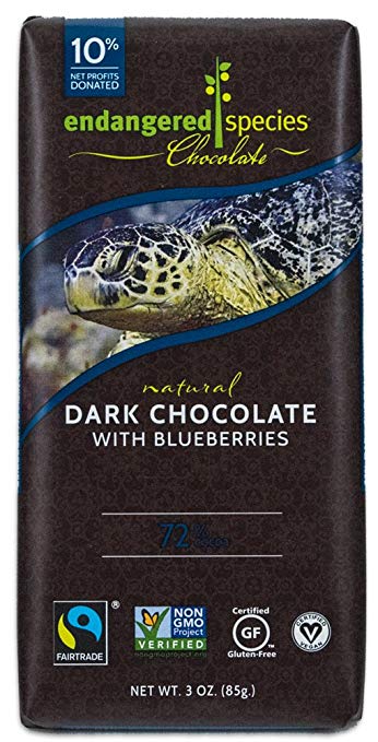 Endangered Species Sea Turtle, Natural Dark Chocolate (72%) with Blueberries, 3-Ounce Bars...